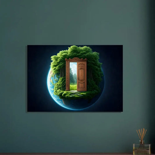 Framed Earth with a door to nature in PixiOnyx Greenworld Wall Art titled Door to Earth Canvas