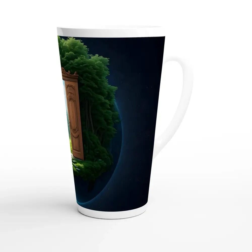 Tall white mug with wardrobe and forest design from Door to Earth Latte Mug by PixiOnyx Portalware