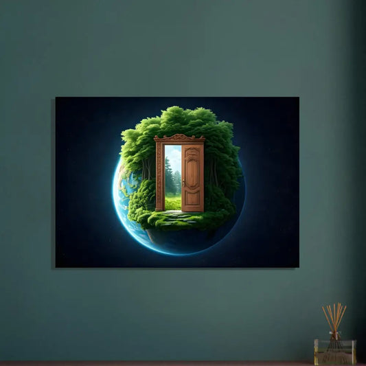 Earth globe with a doorway to nature on the Door to Earth Metal Print by PixiOnyx
