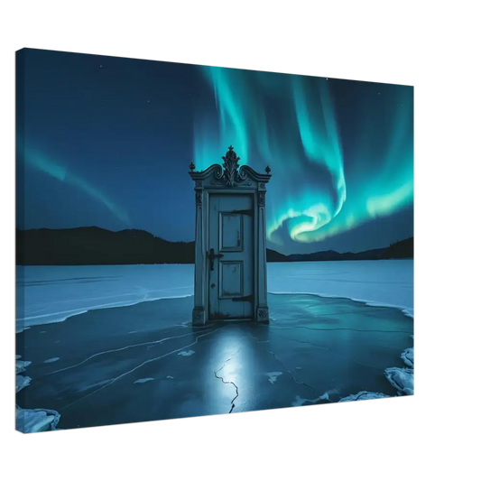 Ornate door beneath Aurora Borealis in PixiOnyx Glacial Dreamscape Dooraura Canvas