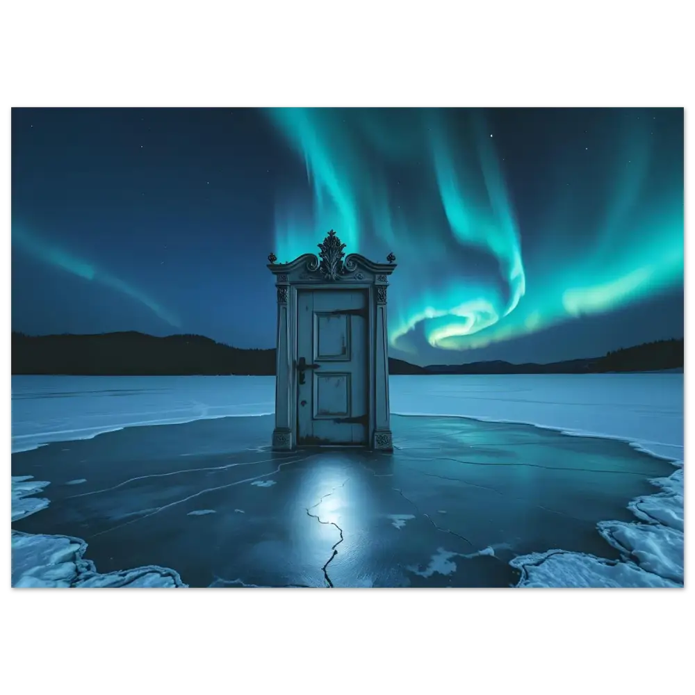 Ornate weathered blue door shown on Dooraura Metal Print The Threshold Beneath Lights PixiOnyx