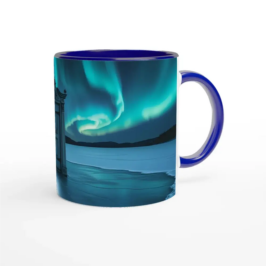 Blue-rimmed Dooraura Mug with Aurora Borealis design in PixiOnyx Ceramic Portalware