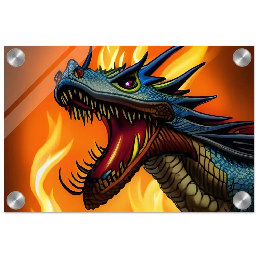Fearsome dragon head with fiery backdrop for Dragon’s Fury Acrylic Wall Art by PixiOnyx