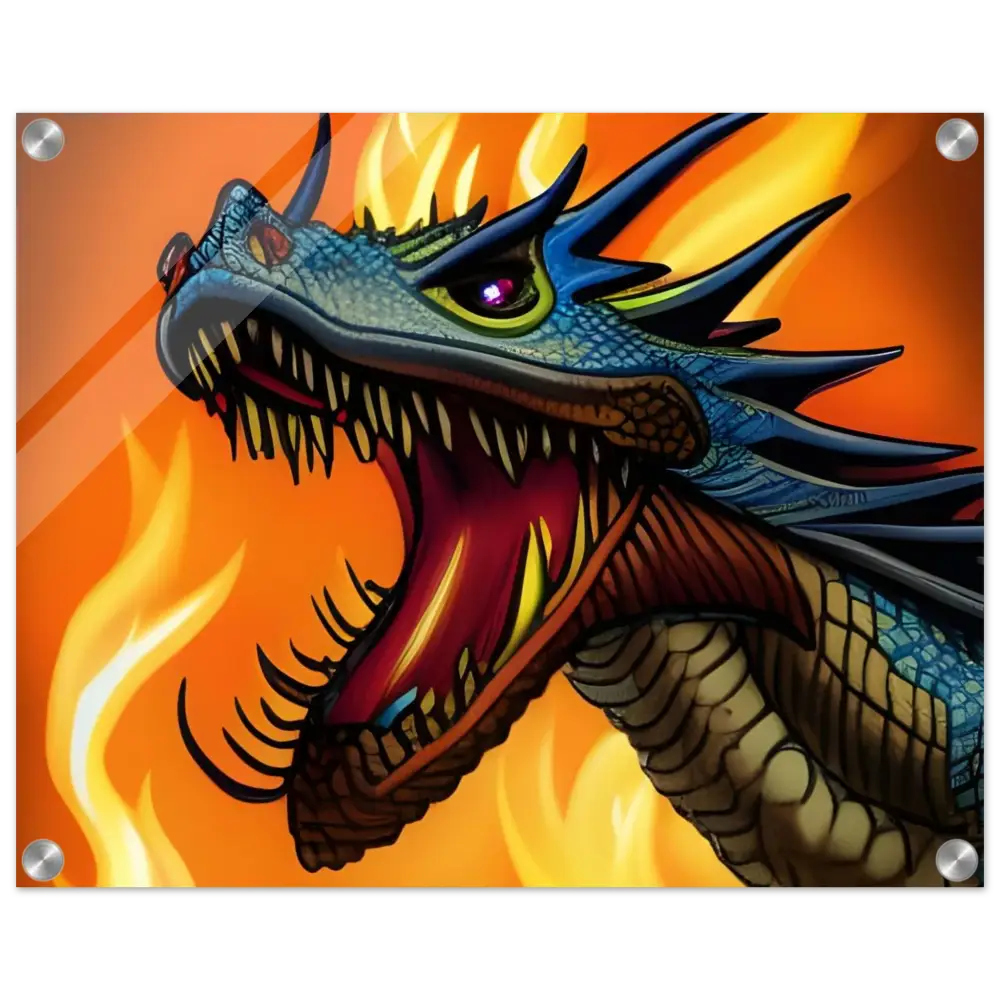 Fearsome dragon head with fiery background displayed on Dragon’s Fury Acrylic Wall Art by PixiOnyx