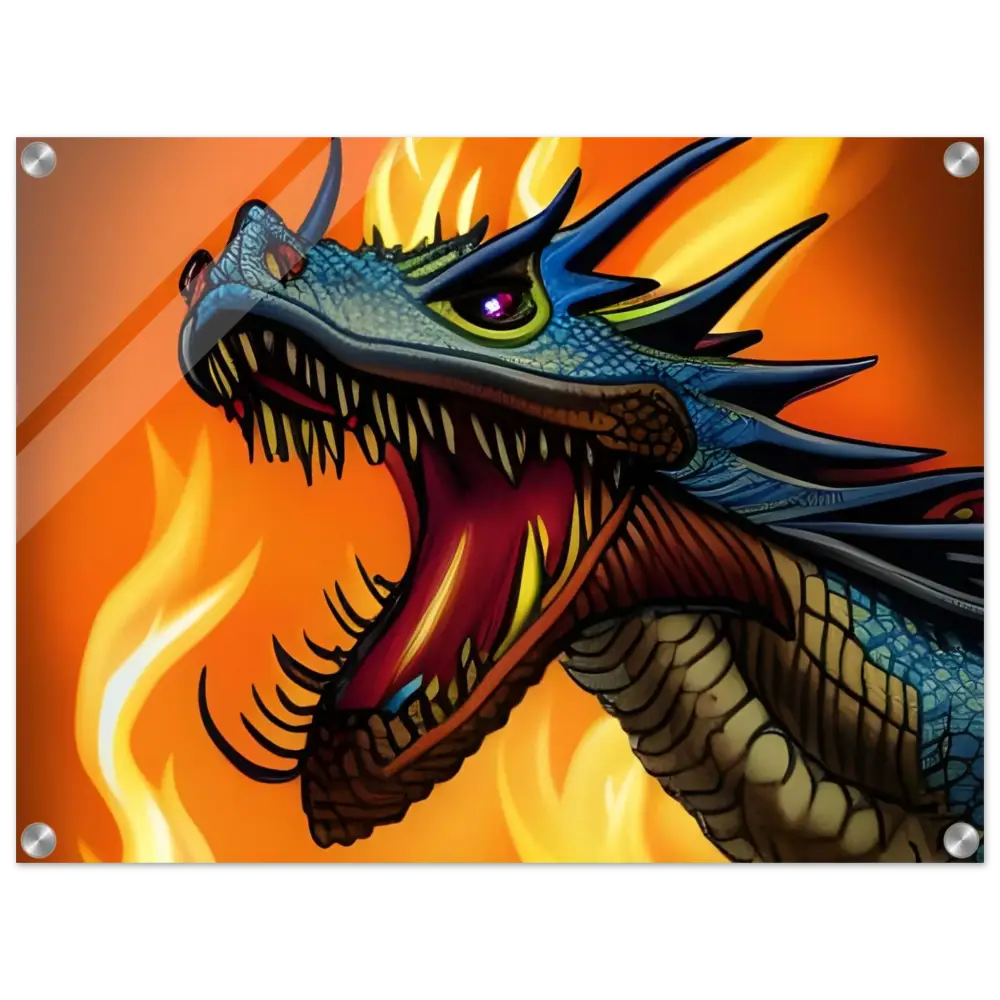 Fierce dragon head with flames on Dragon’s Fury Acrylic Wall Art by PixiOnyx