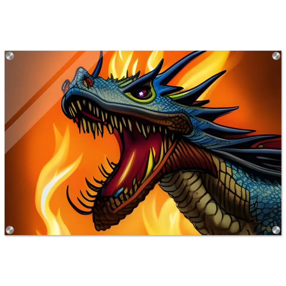 Roaring Blue Dragon acrylic wall art from PixiOnyx, dramatic fantasy dragon illustration