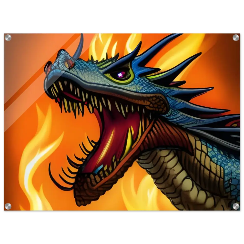 Roaring blue dragon acrylic wall art displayed in Dragon’s Fury PixiOnyx product