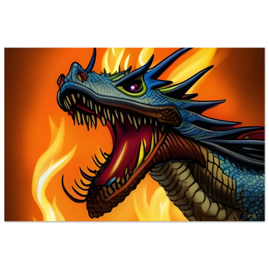 Blue dragon with fiery breath on Fantasy Poster Dragon’s Fury by PixiOnyx