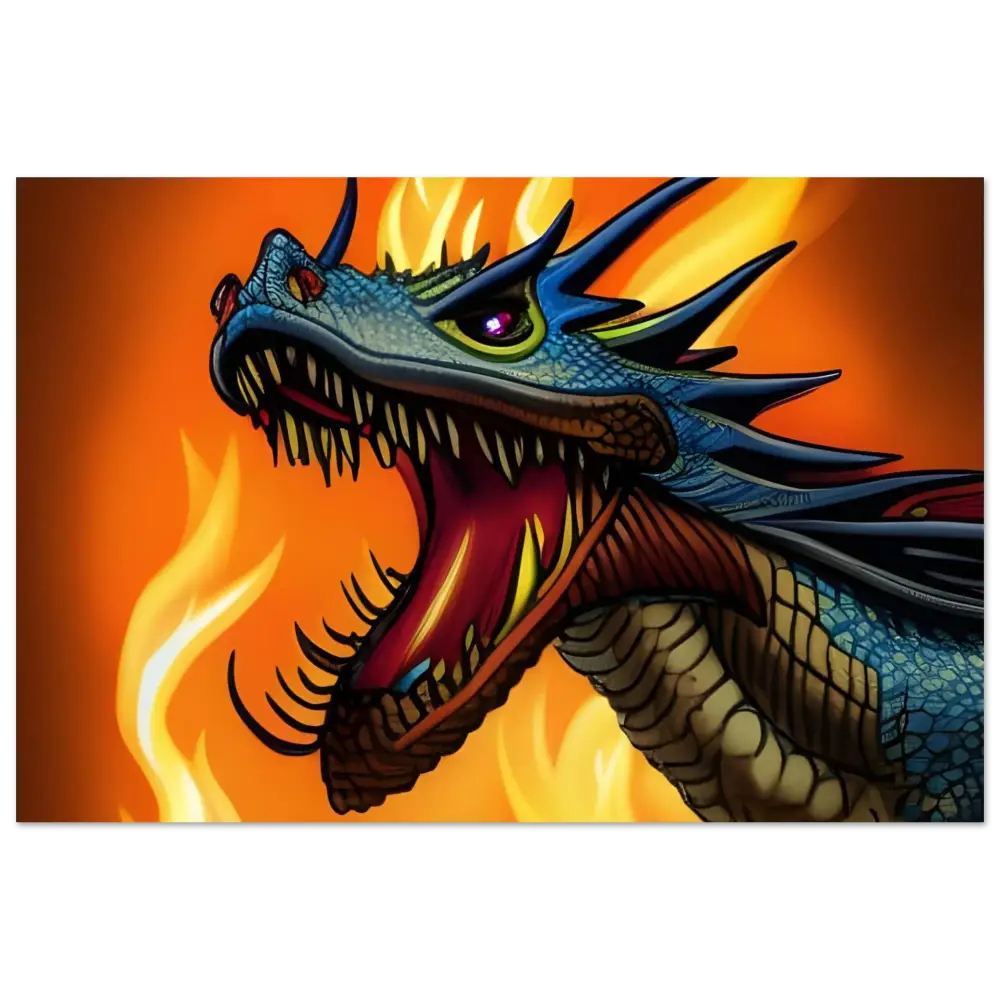 Blue dragon with fiery breath metal wall art for Dragon’s Fury PixiOnyx product