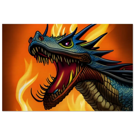 Fearsome blue dragon with fiery breath displayed on Dragon’s Fury Wood Panel Wall Art from PixiOnyx