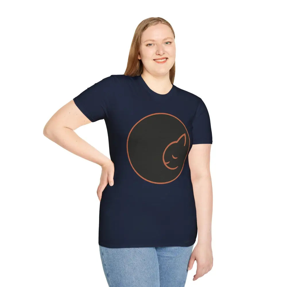 Women’s dark blue ring-spun cotton T-shirt with cute sleeping cat design for cat lovers