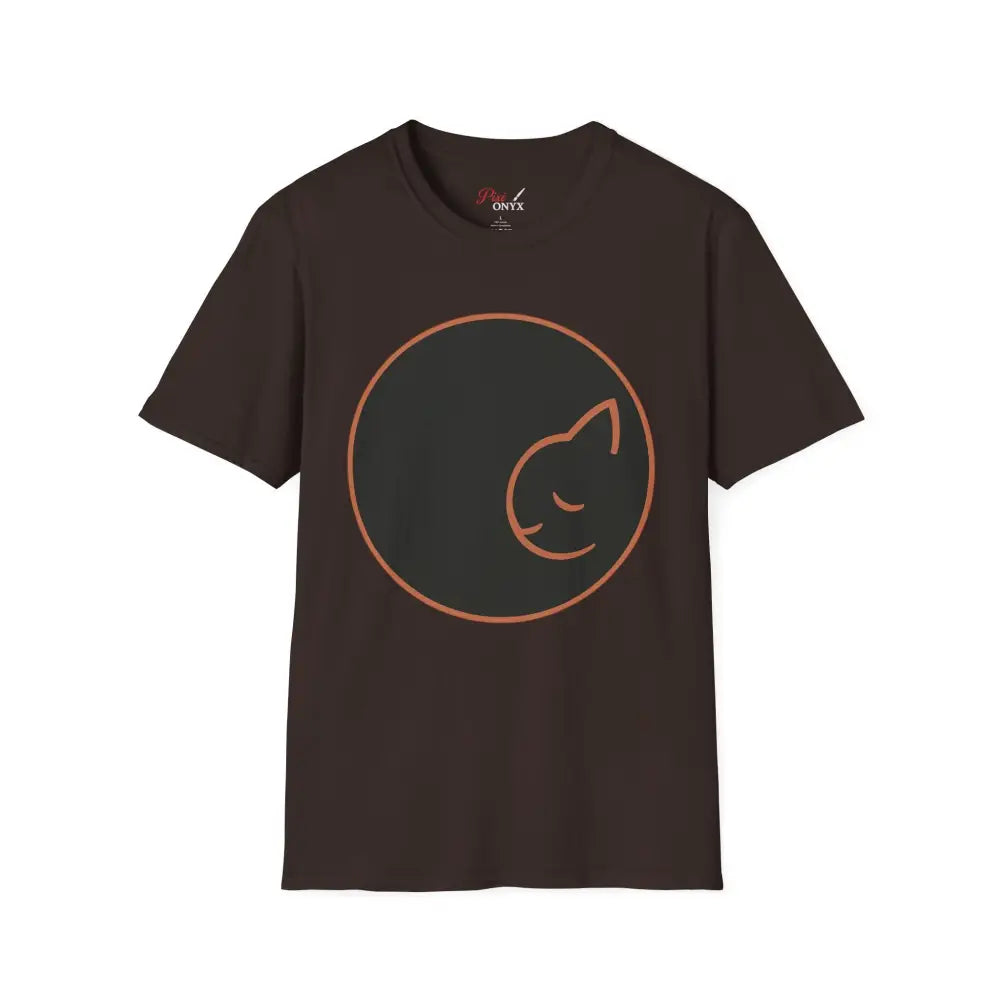 Men’s brown short-sleeved T-shirt with stylized orange cat design made from ring-spun cotton for cat lovers