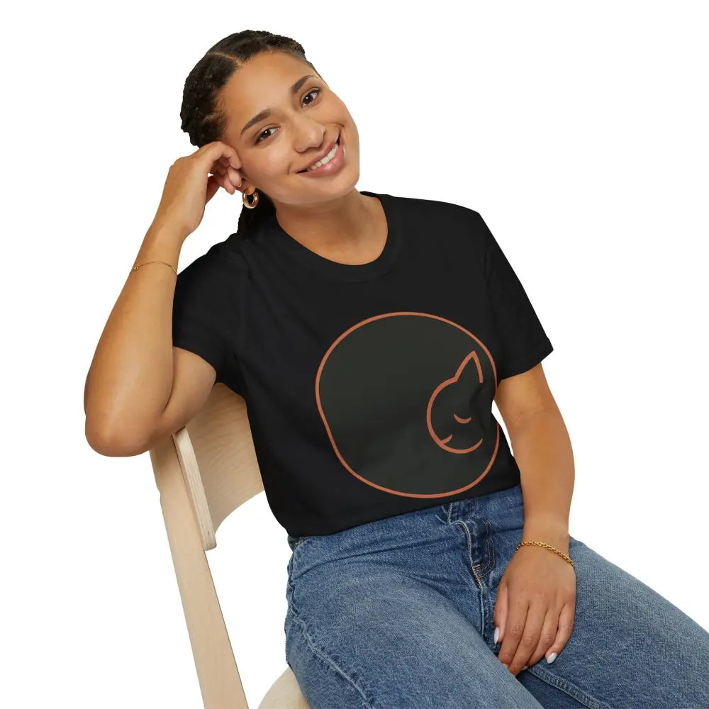 Woman wearing a black Dreamy Cat Graphic T-Shirt for Cat Lovers made of ring-spun cotton
