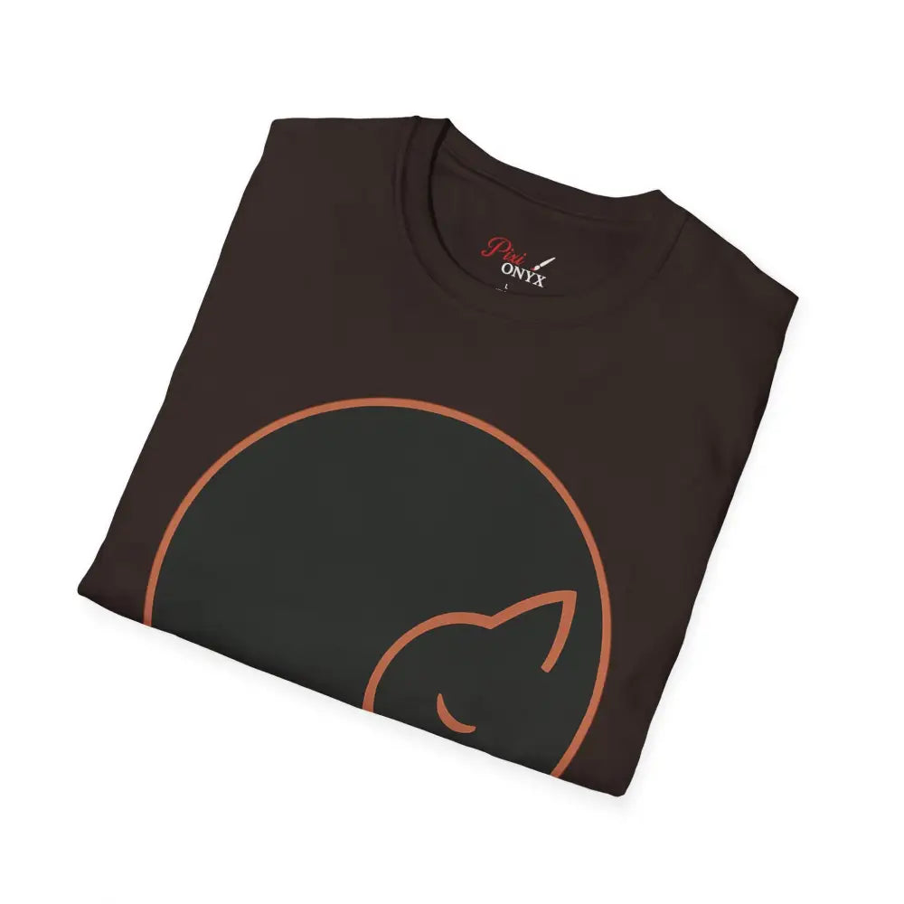 Folded brown ring-spun cotton T-shirt with black and orange cat design for cat lovers