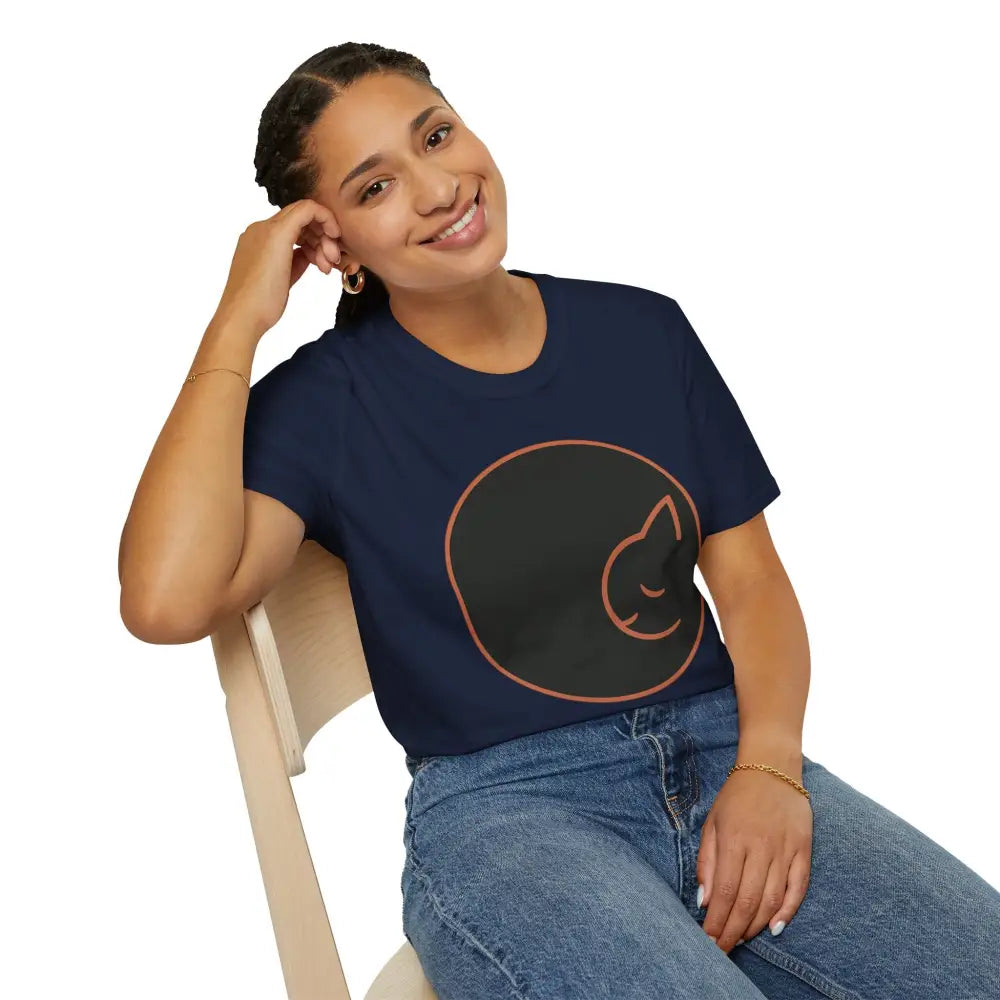 Woman wearing navy blue Dreamy Cat Graphic T-Shirt made of ring-spun cotton for cat lovers