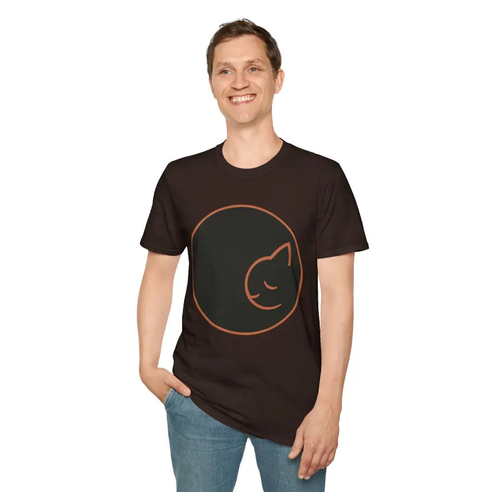 Smiling man in dark brown Dreamy Cat Graphic T-Shirt made of ring-spun cotton for cat lovers