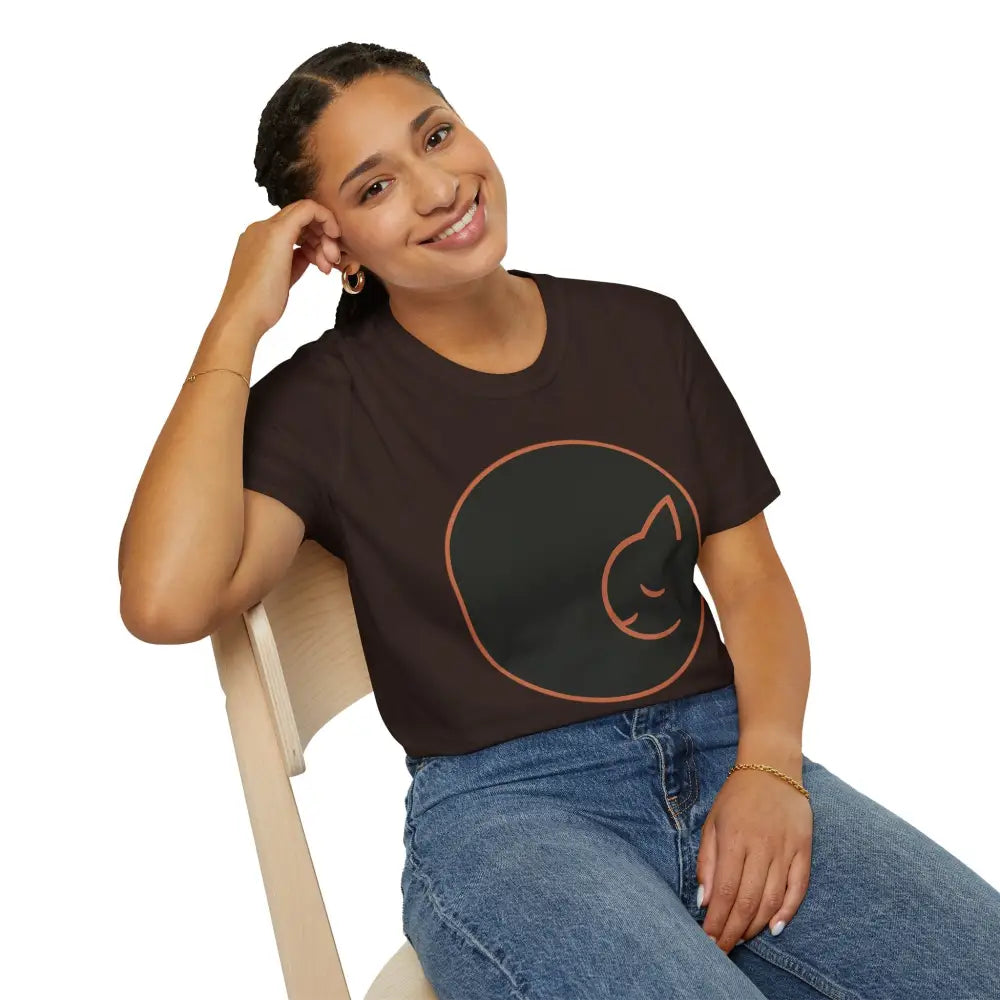 Woman in dark brown ring-spun cotton cat lovers T-shirt with minimalist cat design and blue jeans