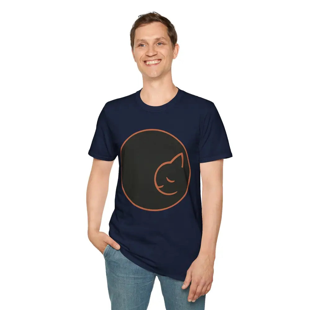 Man wearing navy blue Dreamy Cat Graphic T-Shirt made of ring-spun cotton for cat lovers