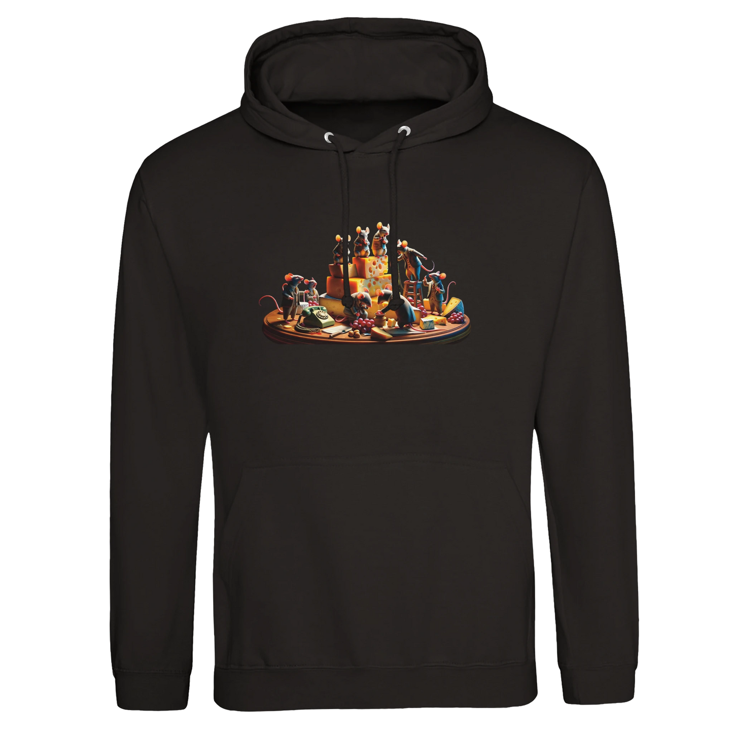 Black hoodie with cartoon cheese party graphic from Boardroom Brie-down Unisex Hoodie