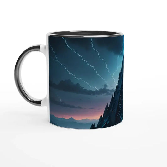 Ceramic mug with a stormy mountain scene from Electric Ascension 11oz Mug Black Blue