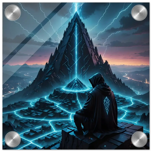 Futuristic pyramid with hooded figure on Electric Ascension Acrylic Glass Print