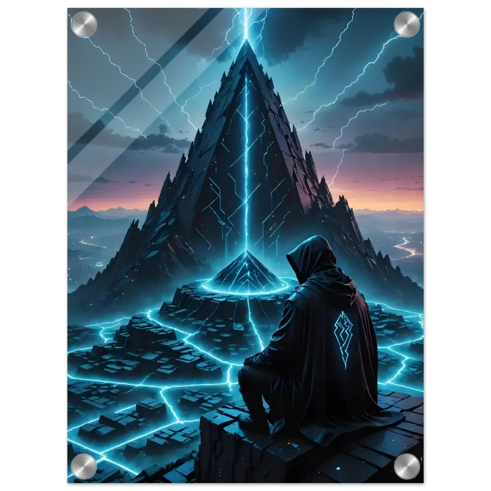 Futuristic pyramid with hooded figure acrylic glass print for Electric Ascension artwork