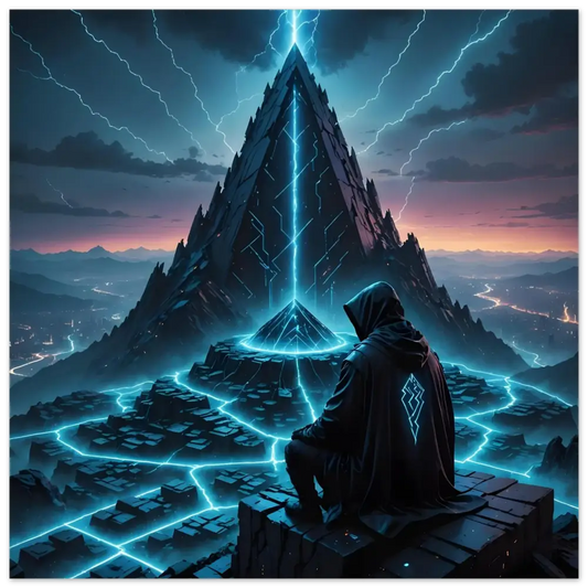 Hooded figure with glowing emblem on Electric Ascension Aluminum Wall Art
