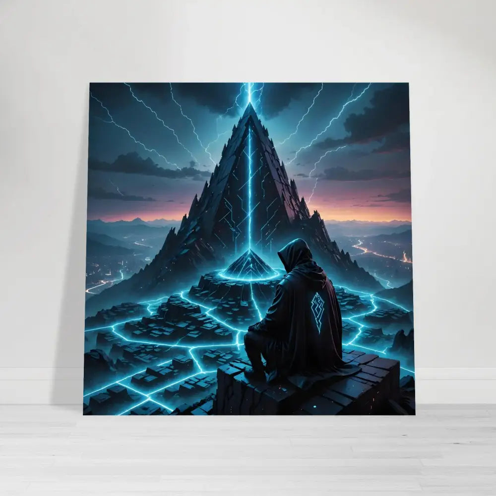 Square canvas print of a hooded figure overlooking a futuristic mountain for Electric Ascension by PixiOnyx