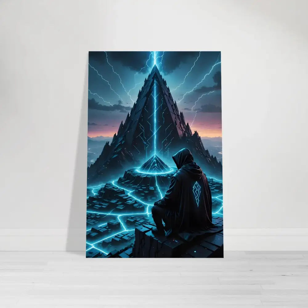 Futuristic hooded figure gazing at a glowing pyramid in Electric Ascension Fine Art Poster by PixiOnyx