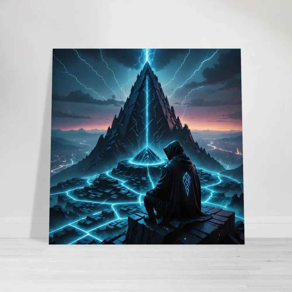 Square canvas print Electric Ascension by PixiOnyx featuring hooded figure and futuristic mountain landscape