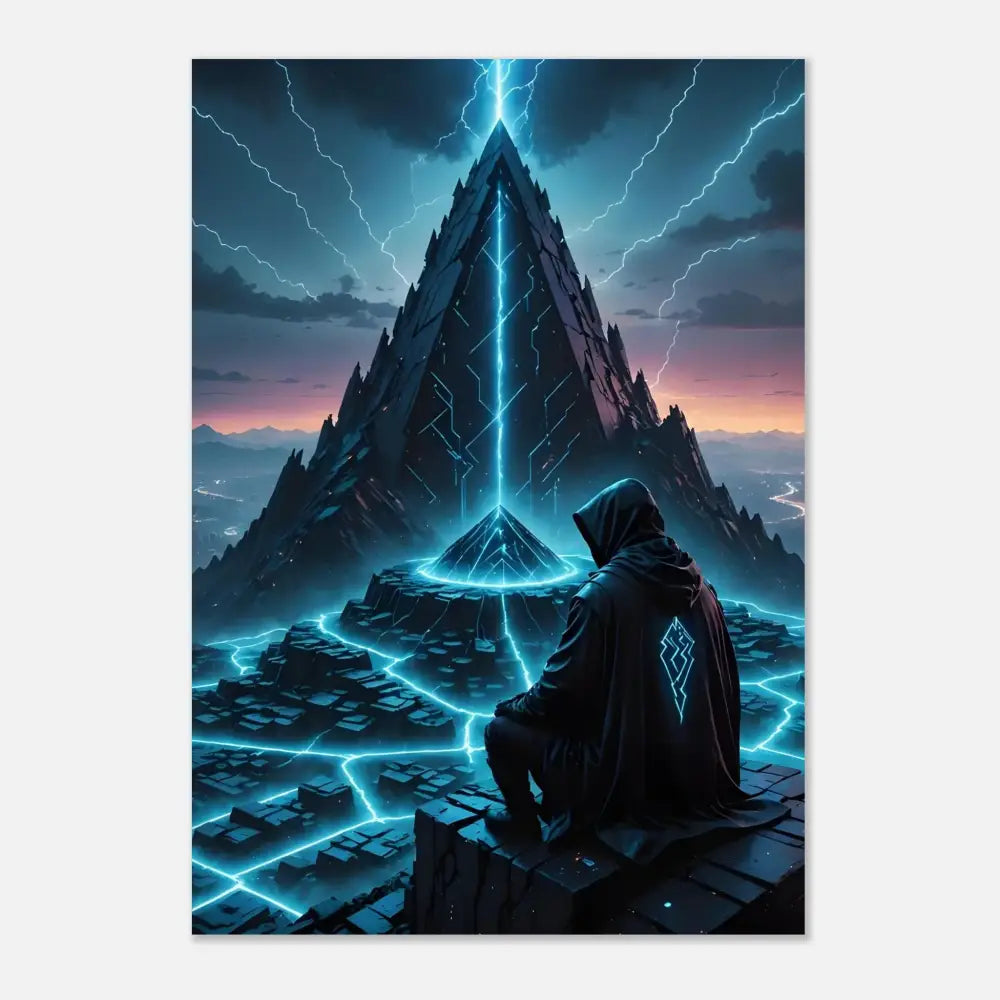 Futuristic pyramid with lightning displayed on Electric Ascension Fine Art Poster by PixiOnyx