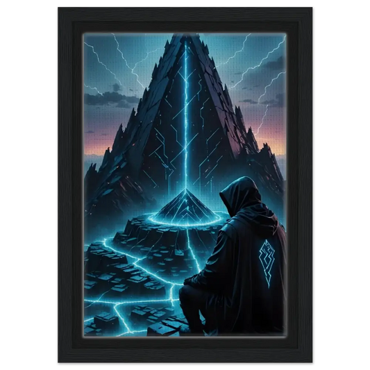 Framed futuristic landscape with hooded figure in Electric Ascension Canvas Edition artwork