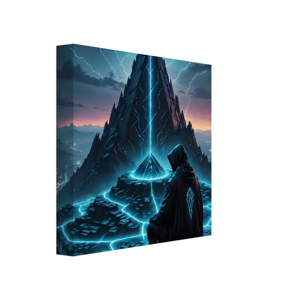 Hooded figure before glowing pyramid and mountain on Electric Ascension Wrapped Canvas
