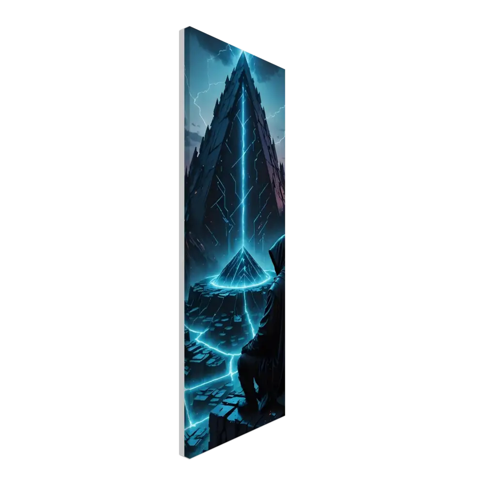 Futuristic glowing pyramid artwork on Electric Ascension Wrapped Canvas