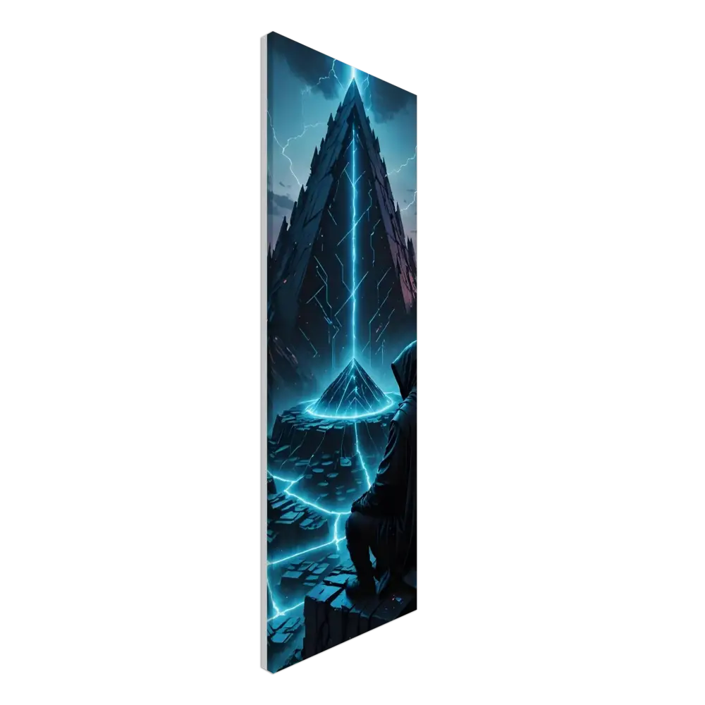 Mystical pyramid with hooded figure on Electric Ascension Wrapped Canvas artwork