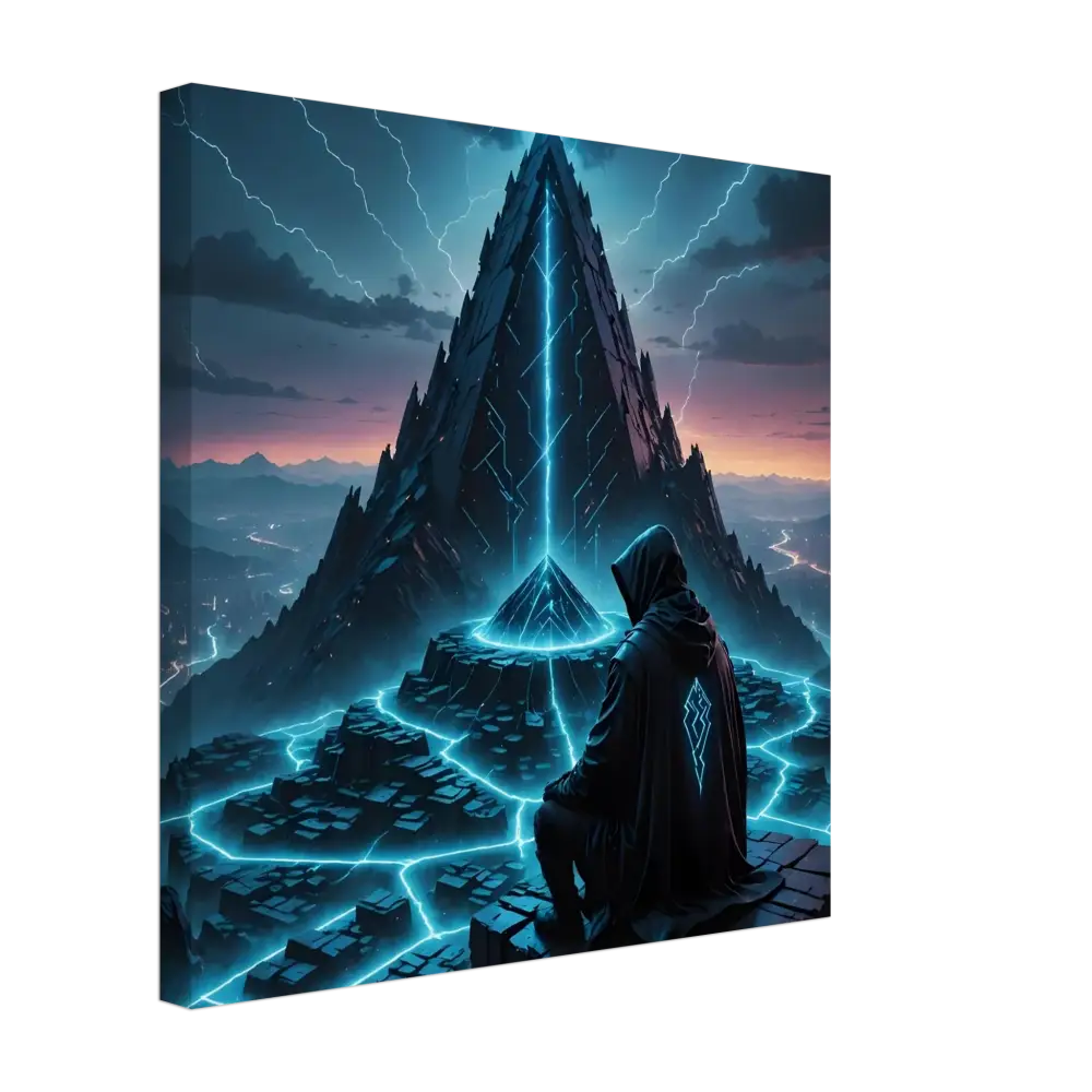 Mystical hooded figure before glowing pyramid on Electric Ascension wrapped canvas art