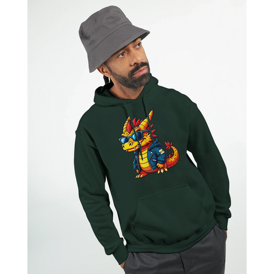 Man wearing a graffiti groove dragon hoodie from PixiOnyx Urban Comfort