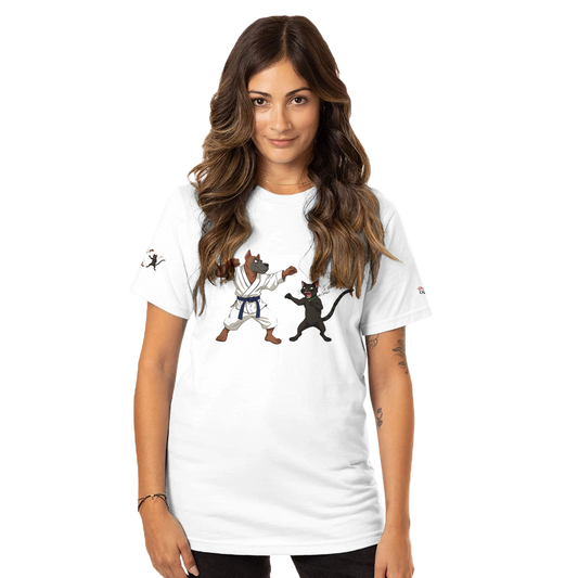 White organic unisex crewneck T-shirt featuring a dog and cat karate design