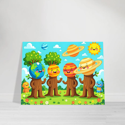 Cartoon planet-themed wall art Aluminum Print Cosmic Tree Friends for Kids Room Decor