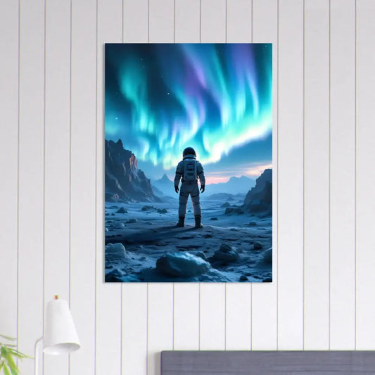Astronaut gazing at the aurora borealis in a surreal sci-fi scene for PixiOnyx poster