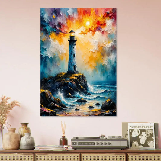 Vibrant fine art impressionistic poster of a lone lighthouse stands defiantly on rocky coast