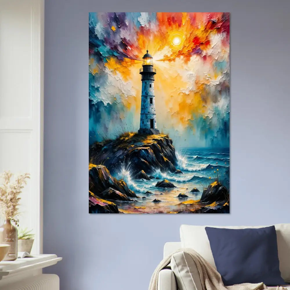 Vibrant fine art poster of a lone lighthouse stands defiantly on rocky coast with dramatic sky