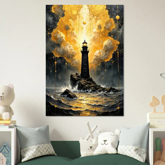Vibrant canvas print of a lone lighthouse pierces swirling golden sky with abstract clouds shimmer