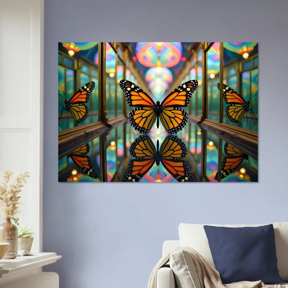 Butterfly reflection art poster featuring vibrant kaleidoscopic nature flight design