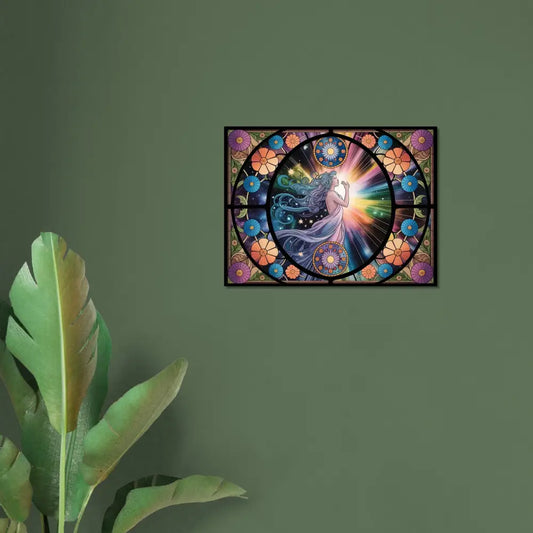Framed stained glass-style artwork from PixiOnyx Radiant Glass Series celestial bloom poster