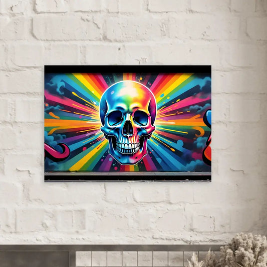 Rainbow skull graffiti art on a poster titled Fine Art Poster Chromadelic Skullburst PixiOnyx