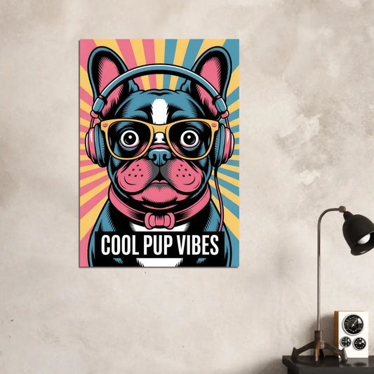 Fine art poster of a stylish pup brings headphones and sunglasses for cool vibes