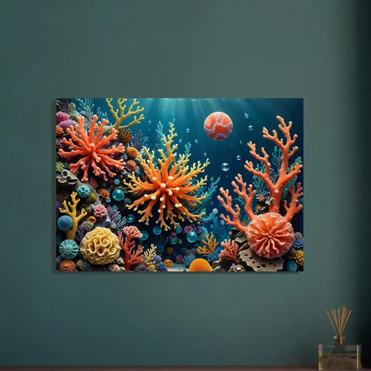 Vibrant coral reef artwork displayed on Fine Art Poster Coral Reverie by PixiOnyx