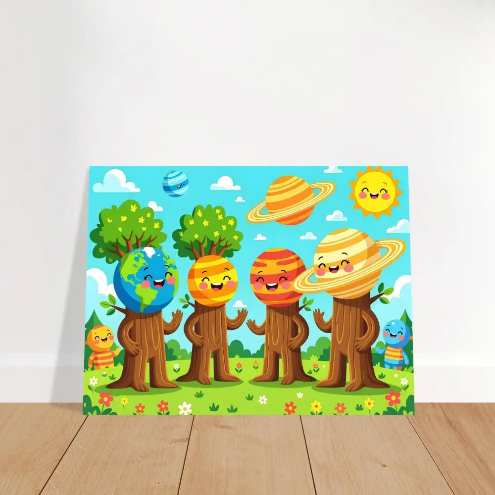 Cartoon planet-themed wall art from PixiOnyx Stellar Kids Art poster featuring cosmic tree friends