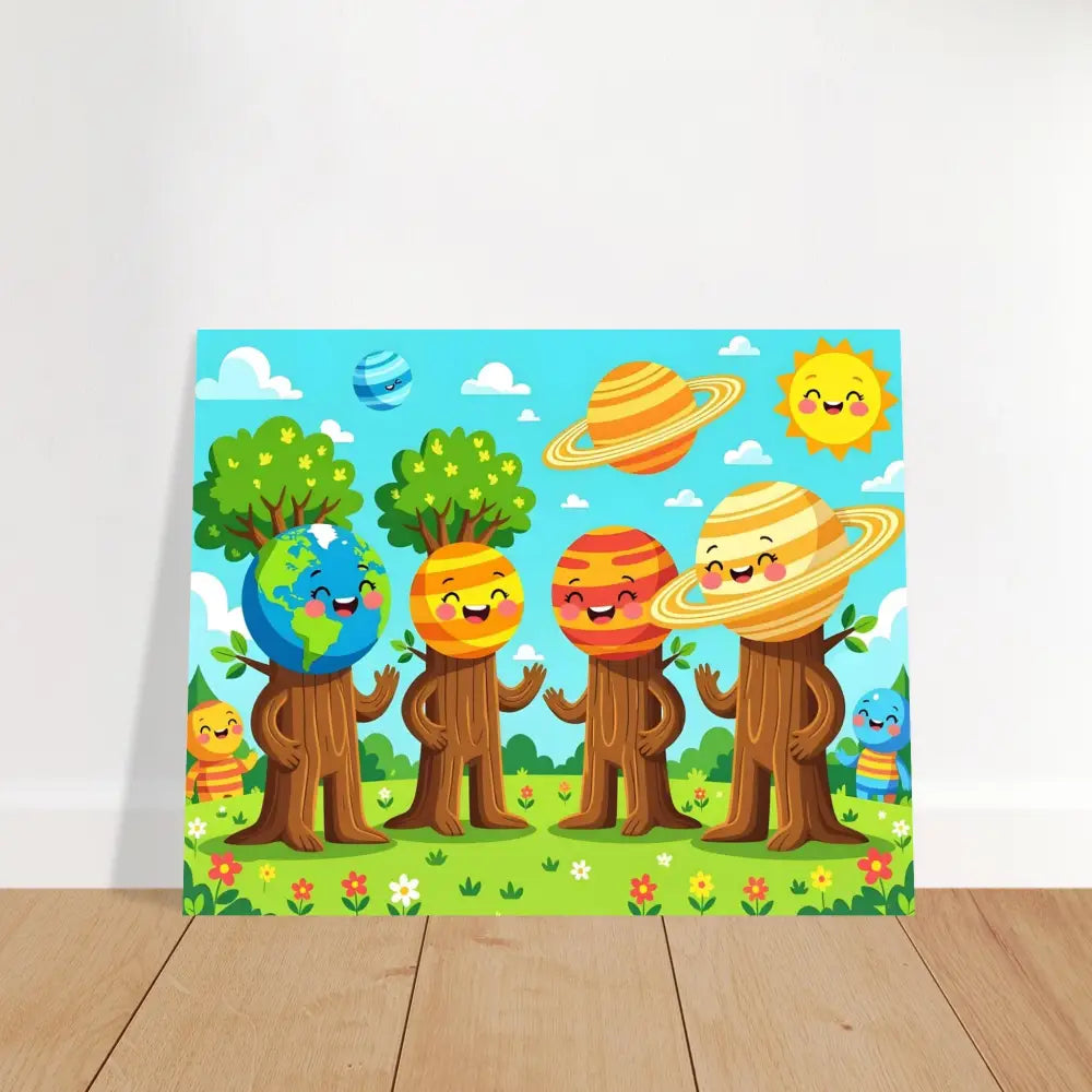 Cartoon planet-headed tree characters from Fine Art Poster Cosmic Tree Friends PixiOnyx